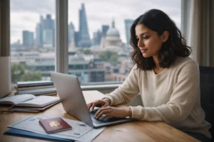 International student preparing UK study visa documents with laptop and passport, representing the UK student visa process for 2026