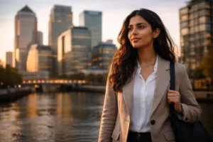 International graduate standing near Canary Wharf London, highlighting career opportunities after studying in the UK